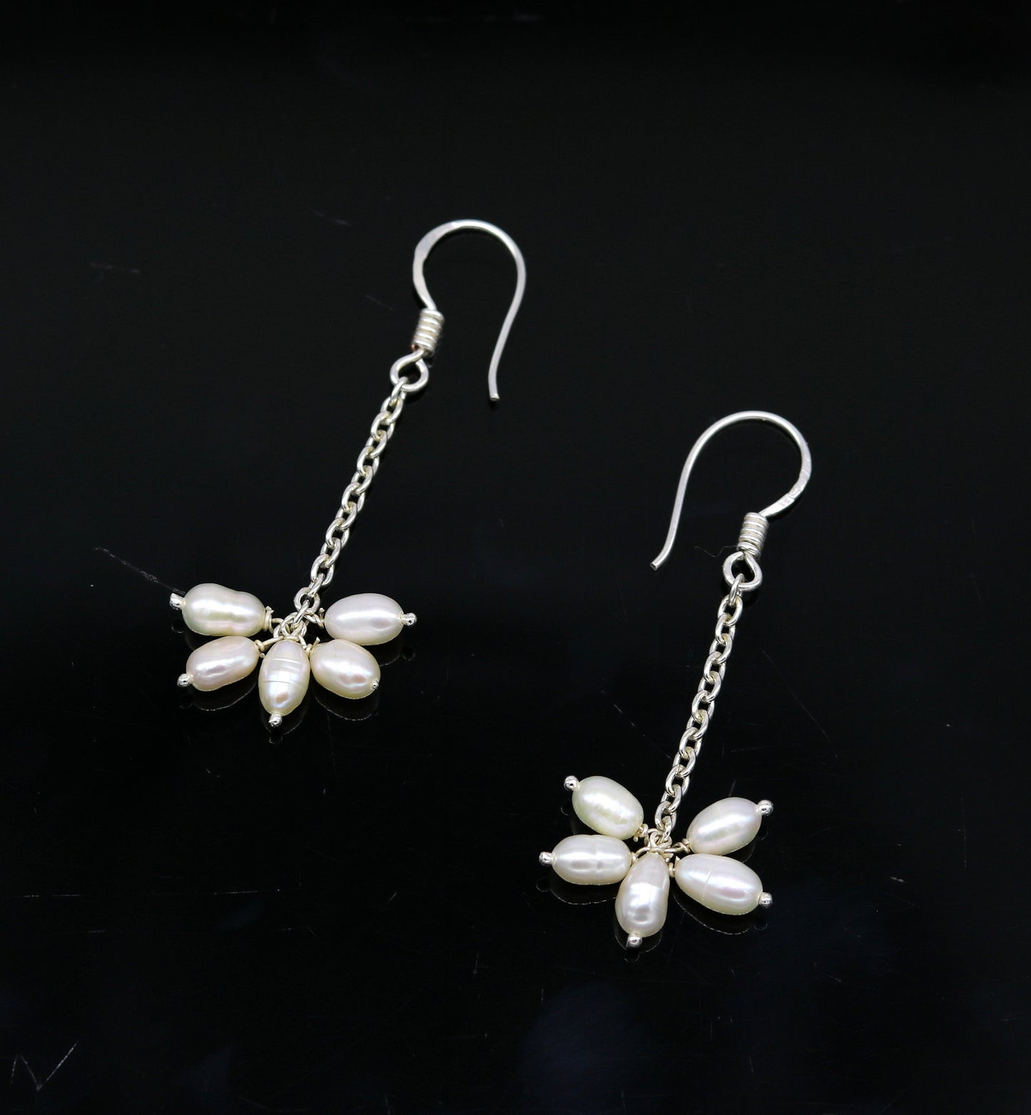 Sterling silver custom fancy hoops earrings with 4mm freshwater pearl, stylish bridal jewelry by TRIBAL ORNAMENTS