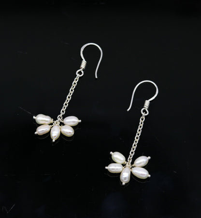 Sterling silver custom fancy hoops earrings with 4mm freshwater pearl, stylish bridal jewelry by TRIBAL ORNAMENTS