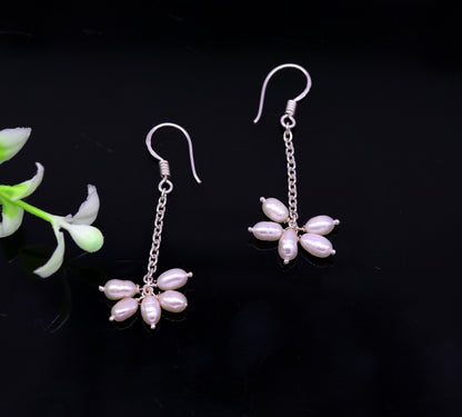 Sterling silver customized fancy hoop earrings with 4mm freshwater pearl, stylish bridal and bridesmaid pearl earrings by TRIBAL ORNAMENTS.