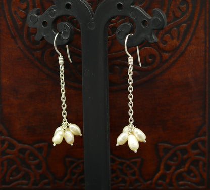 Sterling silver customized fancy hoop earrings with 4mm freshwater pearls, stylish and perfect for bridesmaids by TRIBAL ORNAMENTS.