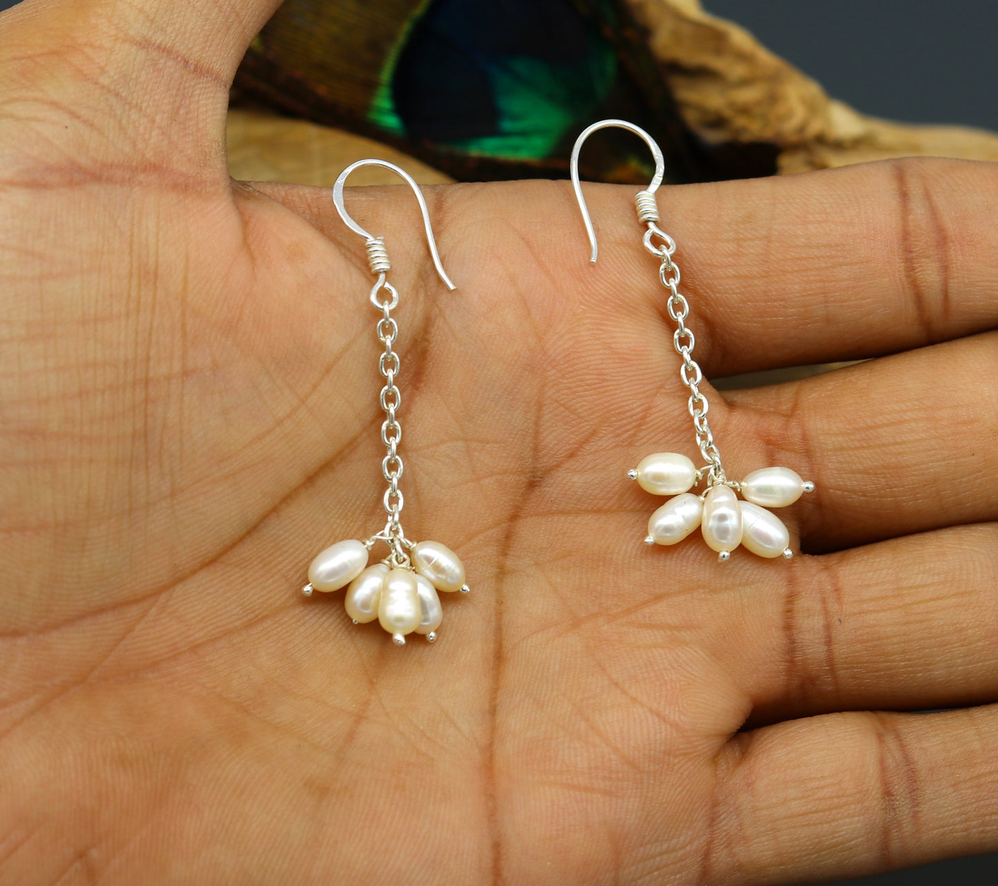 Sterling silver customized fancy hoops earrings with 4mm freshwater pearl, stylish bridal or bridesmaid jewelry by TRIBAL ORNAMENTS.