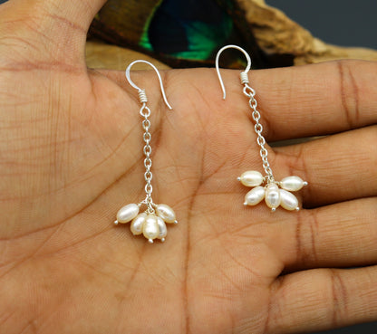 Sterling silver customized fancy hoops earrings with 4mm freshwater pearl, stylish bridal or bridesmaid jewelry by TRIBAL ORNAMENTS.