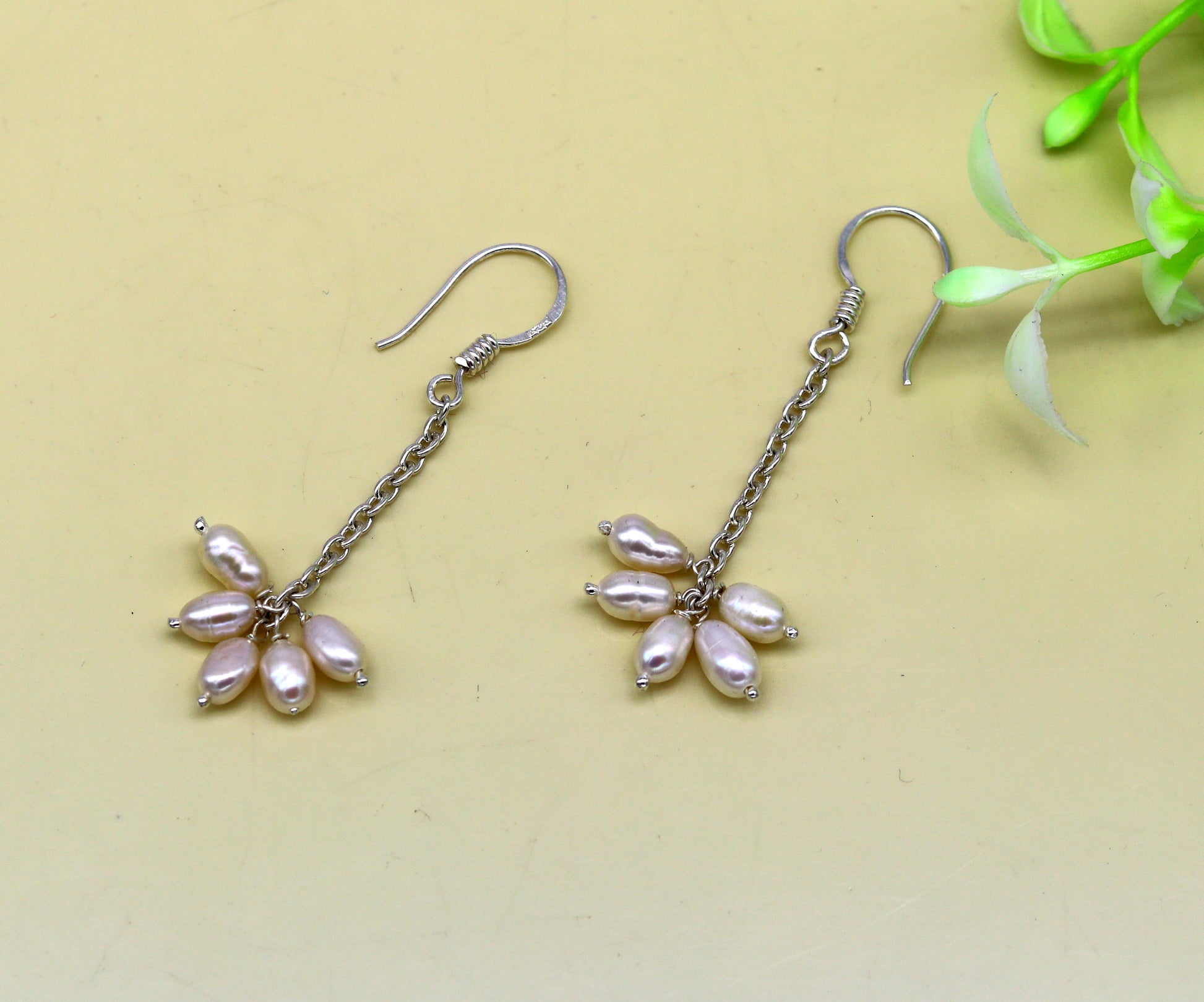 Sterling silver custom fancy hoops earrings with 4mm freshwater pearl, stylish bridesmaid pearl earrings by Tribal Ornaments
