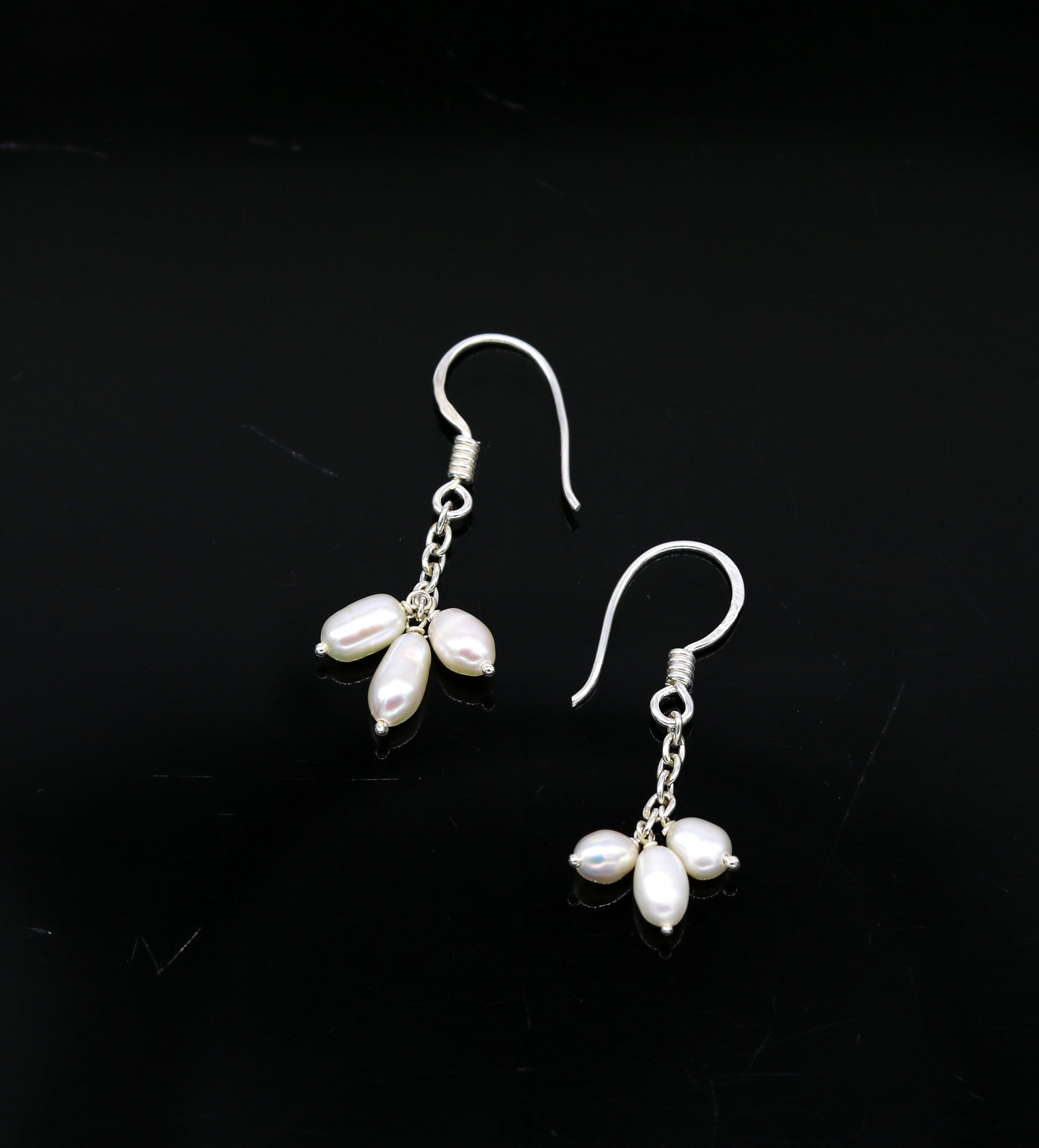 Sterling silver customized fancy hoops earrings with tiny freshwater pearls, stylish for bridesmaids or special occasions.