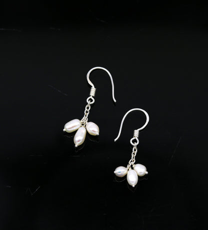 Sterling silver customized fancy hoops earrings with tiny freshwater pearls, stylish for bridesmaids or special occasions.
