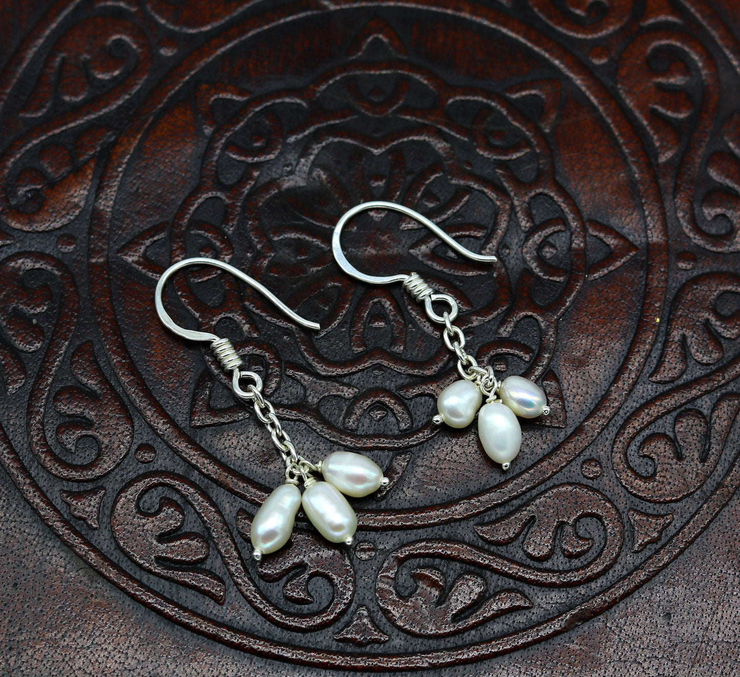 Sterling silver custom fancy hoops earrings with tiny freshwater pearls, stylish and suitable for bridesmaids.