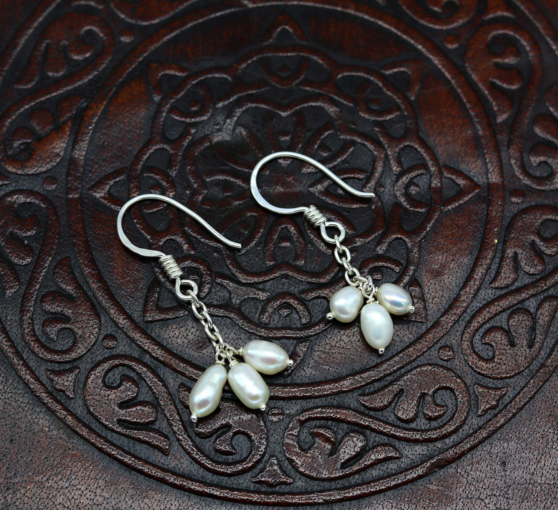 Sterling silver custom fancy hoops earrings with tiny freshwater pearls, stylish and suitable for bridesmaids.