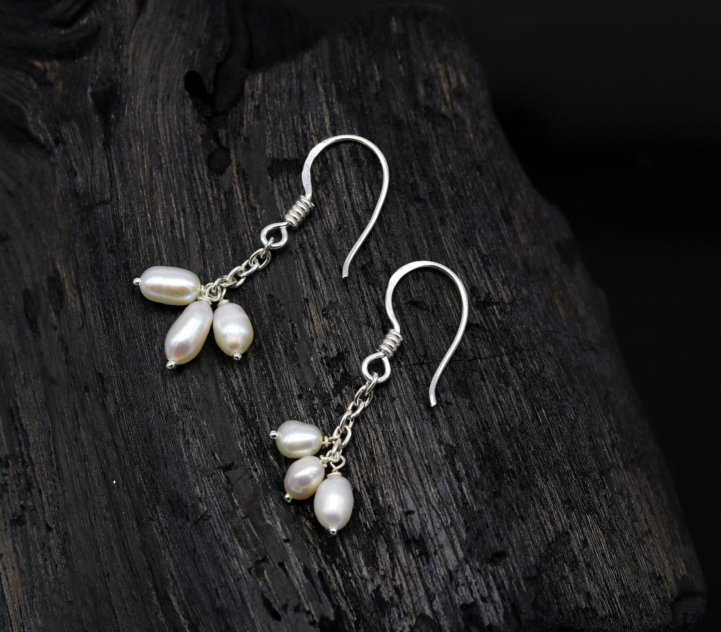 Sterling silver hoop earrings with tiny freshwater pearls, stylish and customized, perfect for bridesmaids and special occasions.