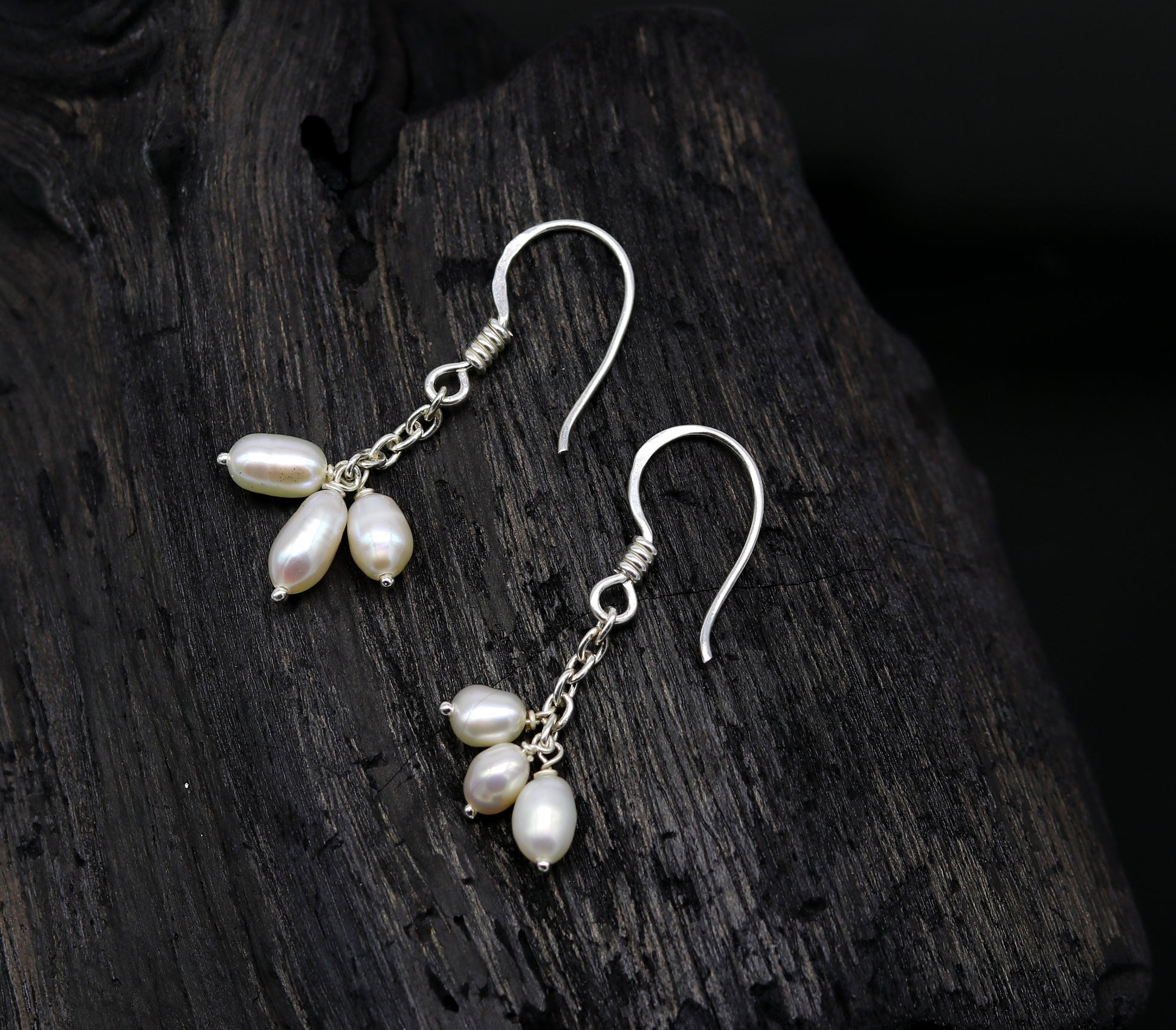 Sterling silver hoop earrings with tiny freshwater pearls, stylish and customized, perfect for bridesmaids and special occasions.