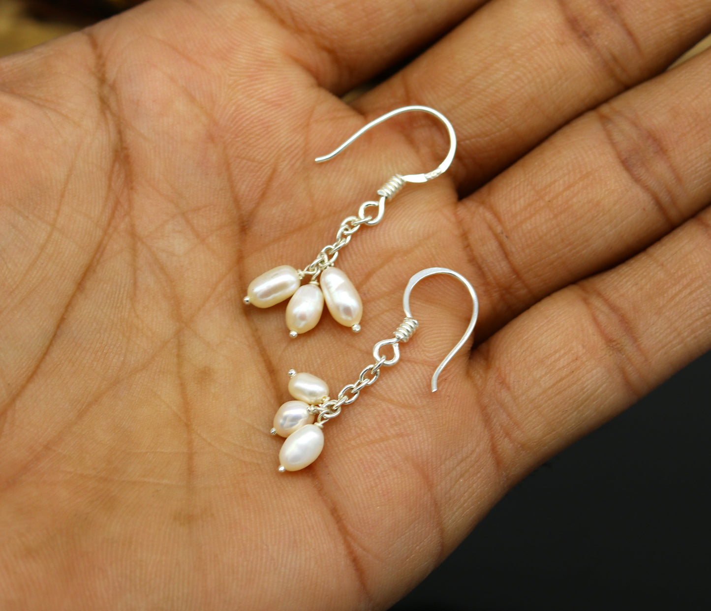 Sterling silver hoop earrings with tiny freshwater pearls, stylish and customized, perfect for bridesmaids and special occasions.
