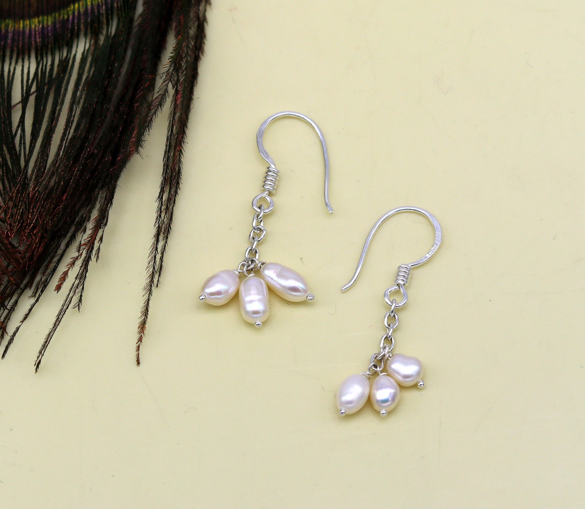 Sterling silver customized fancy hoop earrings with tiny freshwater pearls, stylish and perfect for bridesmaids and special occasions.