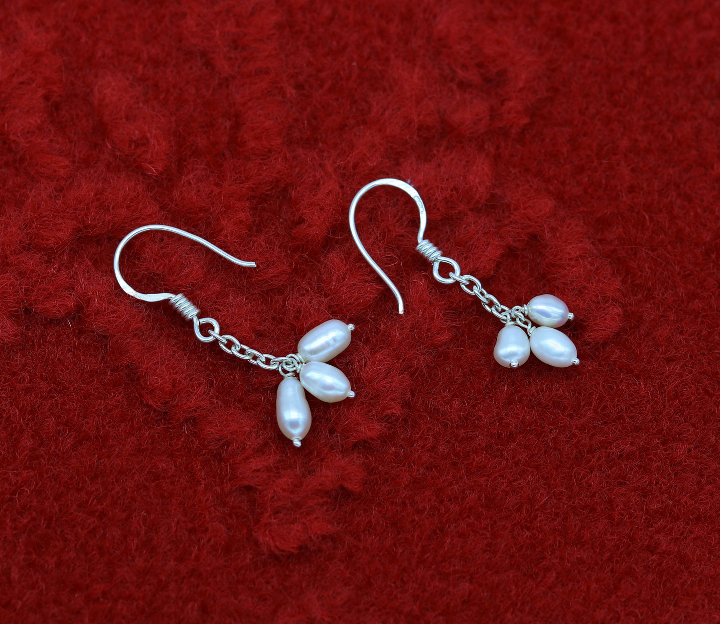 Sterling silver custom fancy hoop earrings with tiny freshwater pearls, stylish and perfect for bridesmaids by Tribal Ornaments.