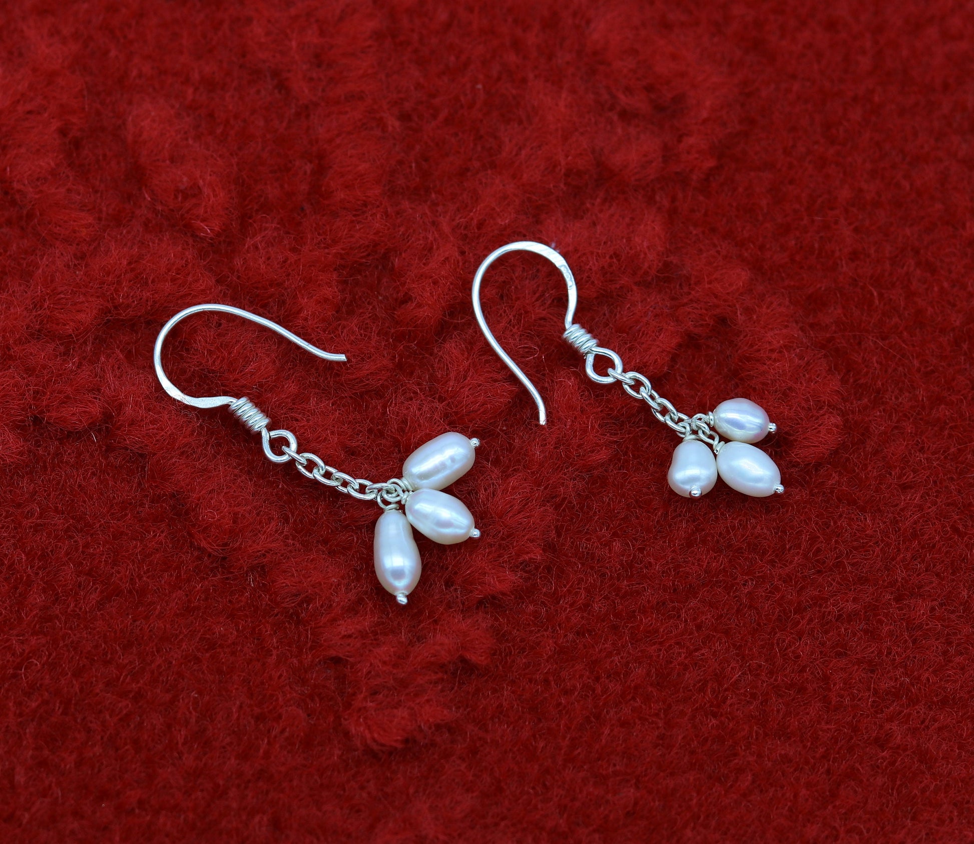 Sterling silver custom fancy hoop earrings with tiny freshwater pearls, stylish and perfect for bridesmaids by Tribal Ornaments.