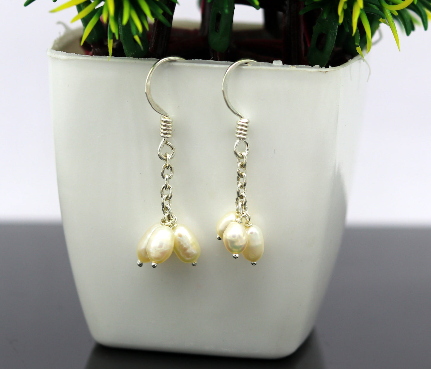 Sterling silver customized fancy hoop earrings with tiny freshwater pearls, stylish and suitable for bridesmaids.
