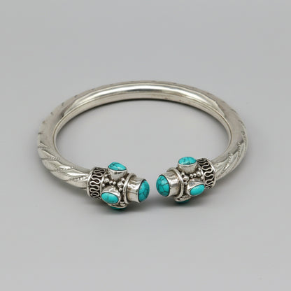 925 sterling silver cuff bangle with blue turquoise stone, tribal-inspired design, flexible and stylish jewelry by TRIBAL ORNAMENTS