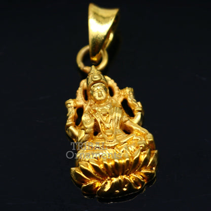 Sterling silver Goddess Laxmi pendant with gold polish, stylish unisex jewelry, detailed design by Tribal Ornaments.