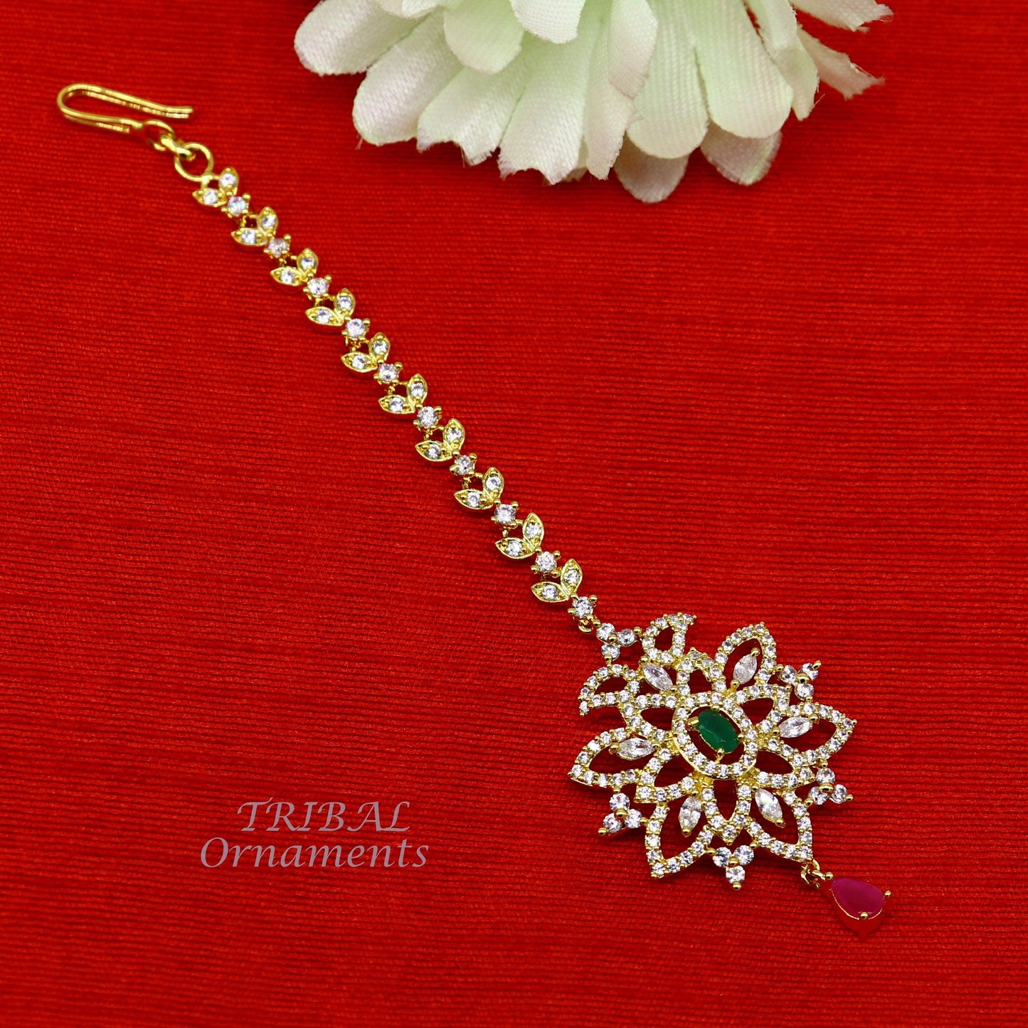 925 sterling silver customized gold tone cubic zircon stone head jewelry mang tika, bridal wedding set, belly dance charm hair jewelry MT01 - TRIBAL ORNAMENTS