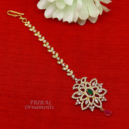 925 sterling silver customized gold tone cubic zircon stone head jewelry mang tika, bridal wedding set, belly dance charm hair jewelry MT01 - TRIBAL ORNAMENTS