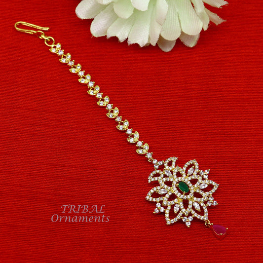 925 sterling silver customized gold tone cubic zircon stone head jewelry mang tika, bridal wedding set, belly dance charm hair jewelry MT01 - TRIBAL ORNAMENTS