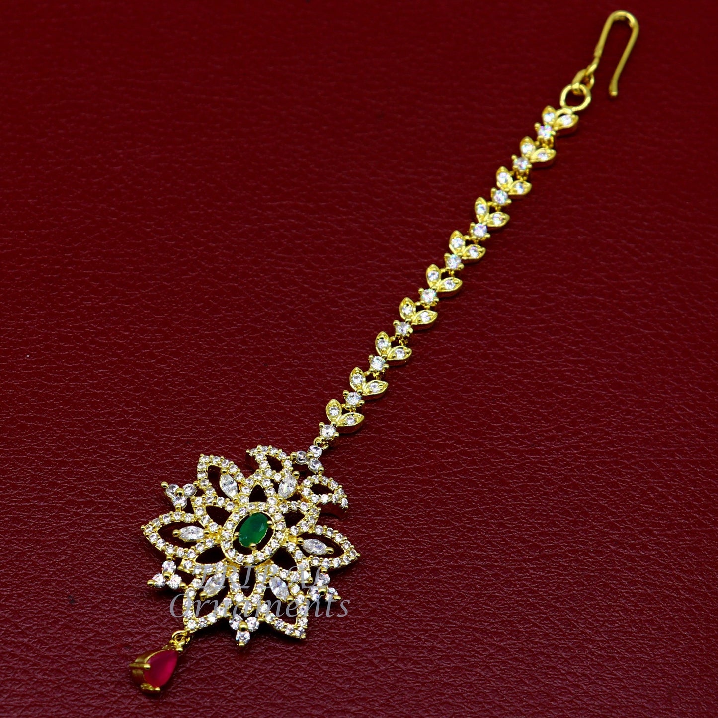 925 sterling silver customized gold tone cubic zircon stone head jewelry mang tika, bridal wedding set, belly dance charm hair jewelry MT01 - TRIBAL ORNAMENTS