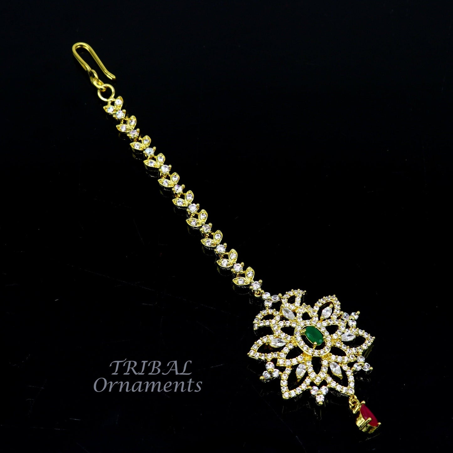 925 sterling silver customized gold tone cubic zircon stone head jewelry mang tika, bridal wedding set, belly dance charm hair jewelry MT01 - TRIBAL ORNAMENTS