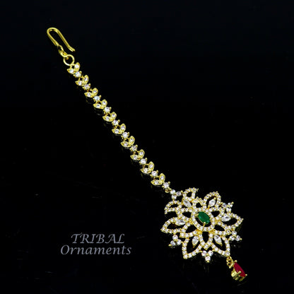 925 sterling silver customized gold tone cubic zircon stone head jewelry mang tika, bridal wedding set, belly dance charm hair jewelry MT01 - TRIBAL ORNAMENTS