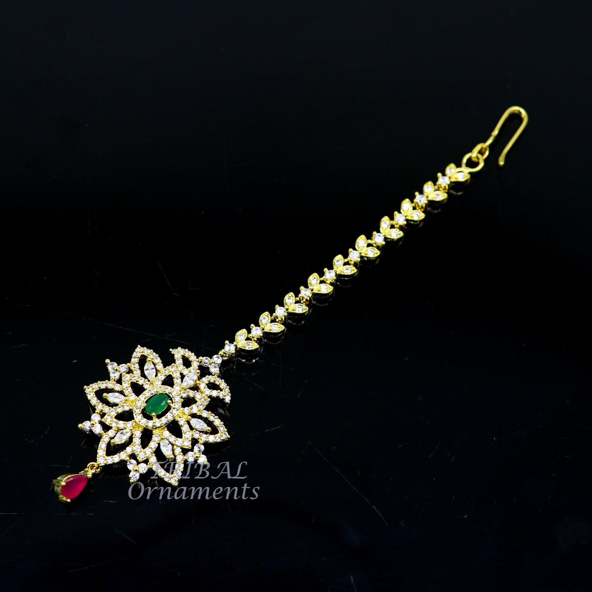 925 sterling silver customized gold tone cubic zircon stone head jewelry mang tika, bridal wedding set, belly dance charm hair jewelry MT01 - TRIBAL ORNAMENTS