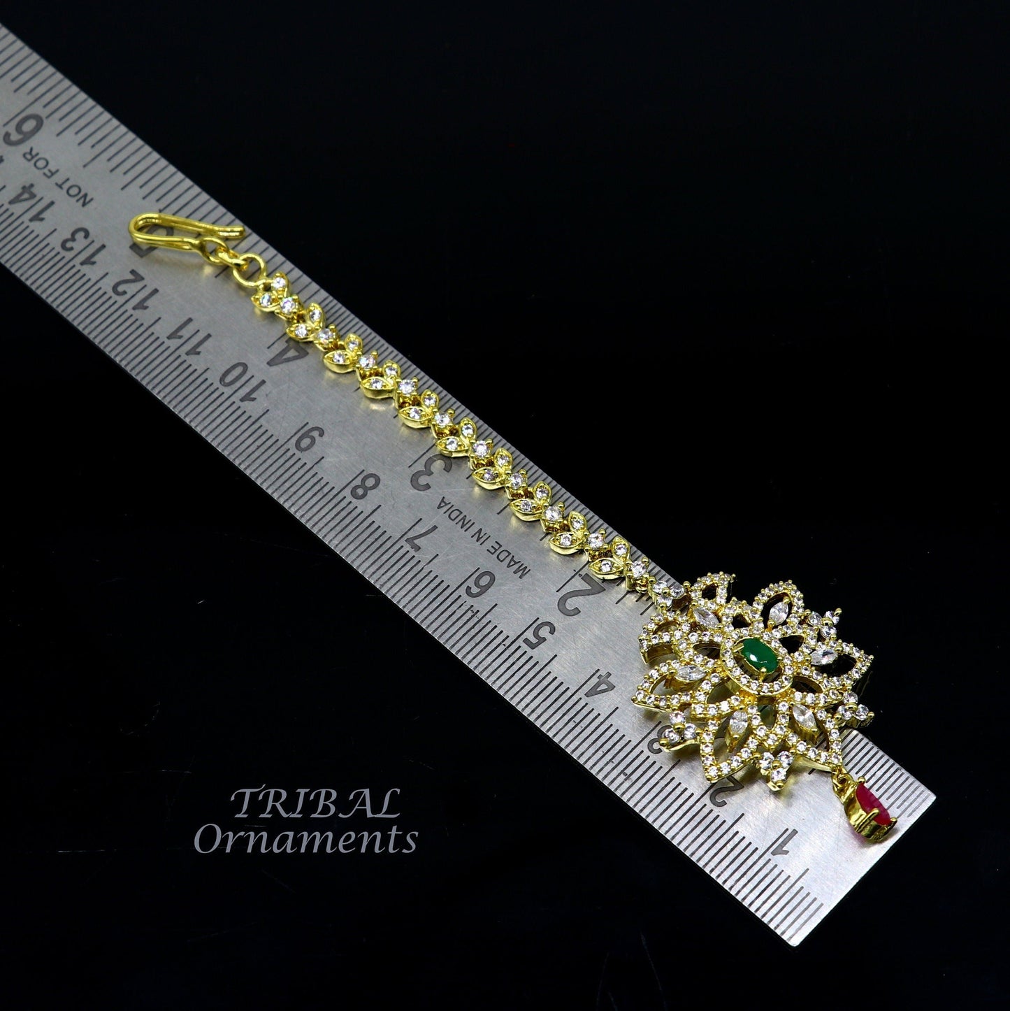 925 sterling silver customized gold tone cubic zircon stone head jewelry mang tika, bridal wedding set, belly dance charm hair jewelry MT01 - TRIBAL ORNAMENTS