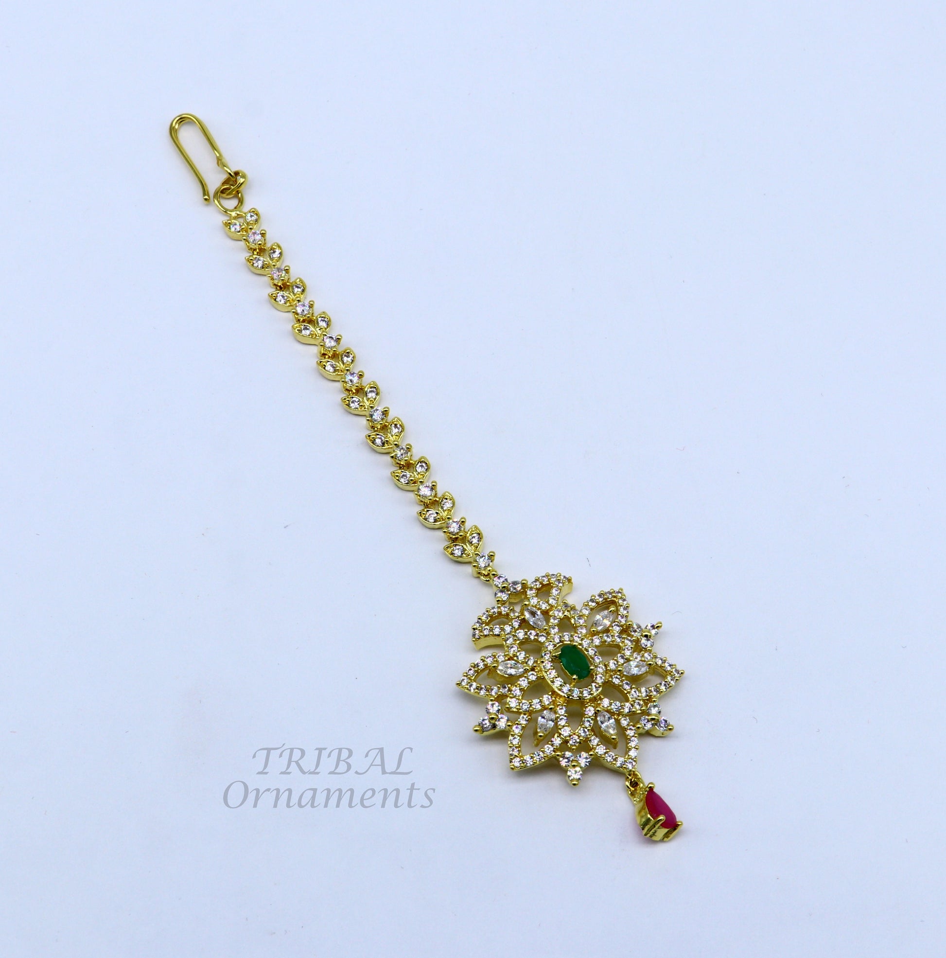 925 sterling silver customized gold tone cubic zircon stone head jewelry mang tika, bridal wedding set, belly dance charm hair jewelry MT01 - TRIBAL ORNAMENTS