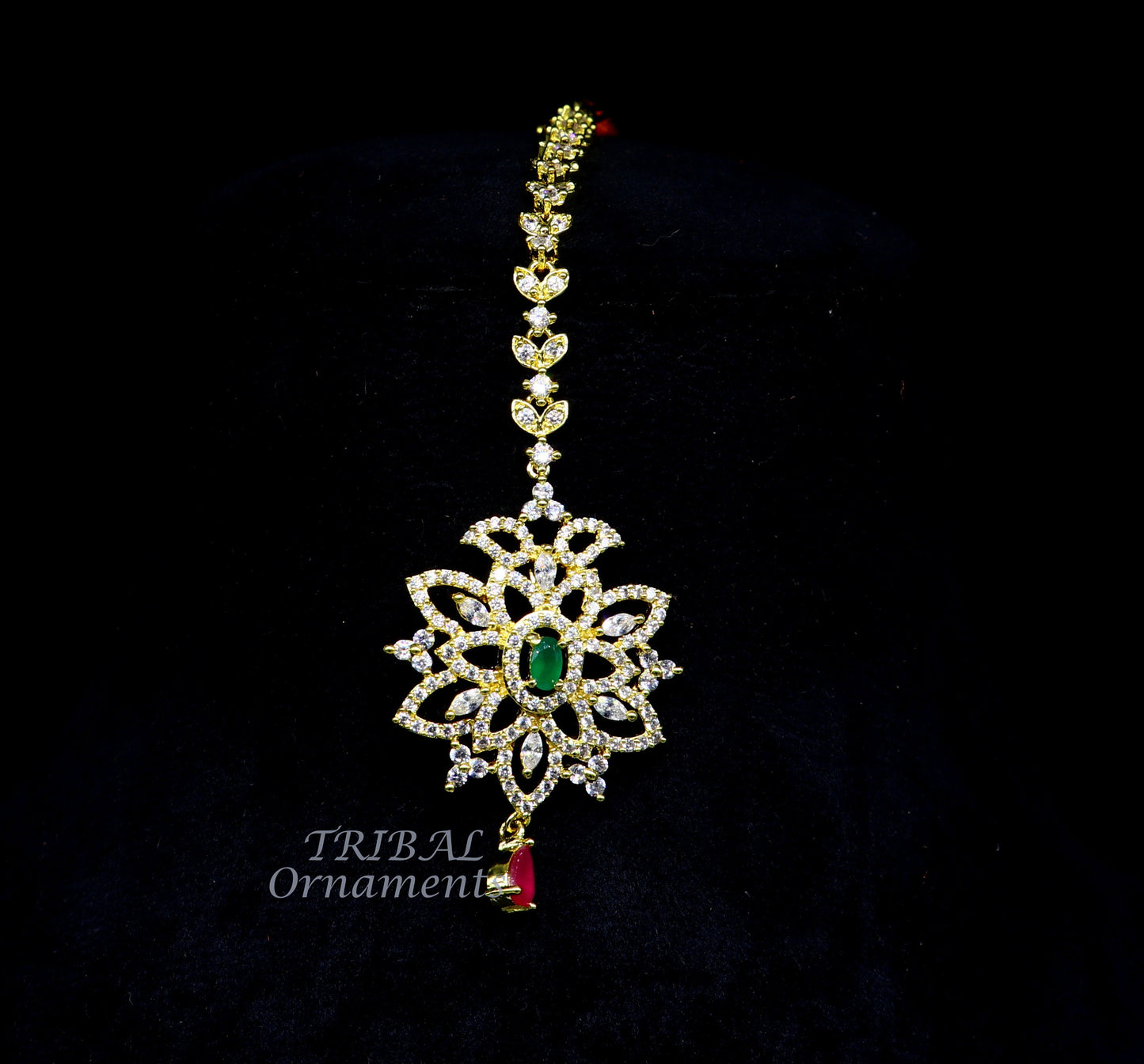 925 sterling silver customized gold tone cubic zircon stone head jewelry mang tika, bridal wedding set, belly dance charm hair jewelry MT01 - TRIBAL ORNAMENTS