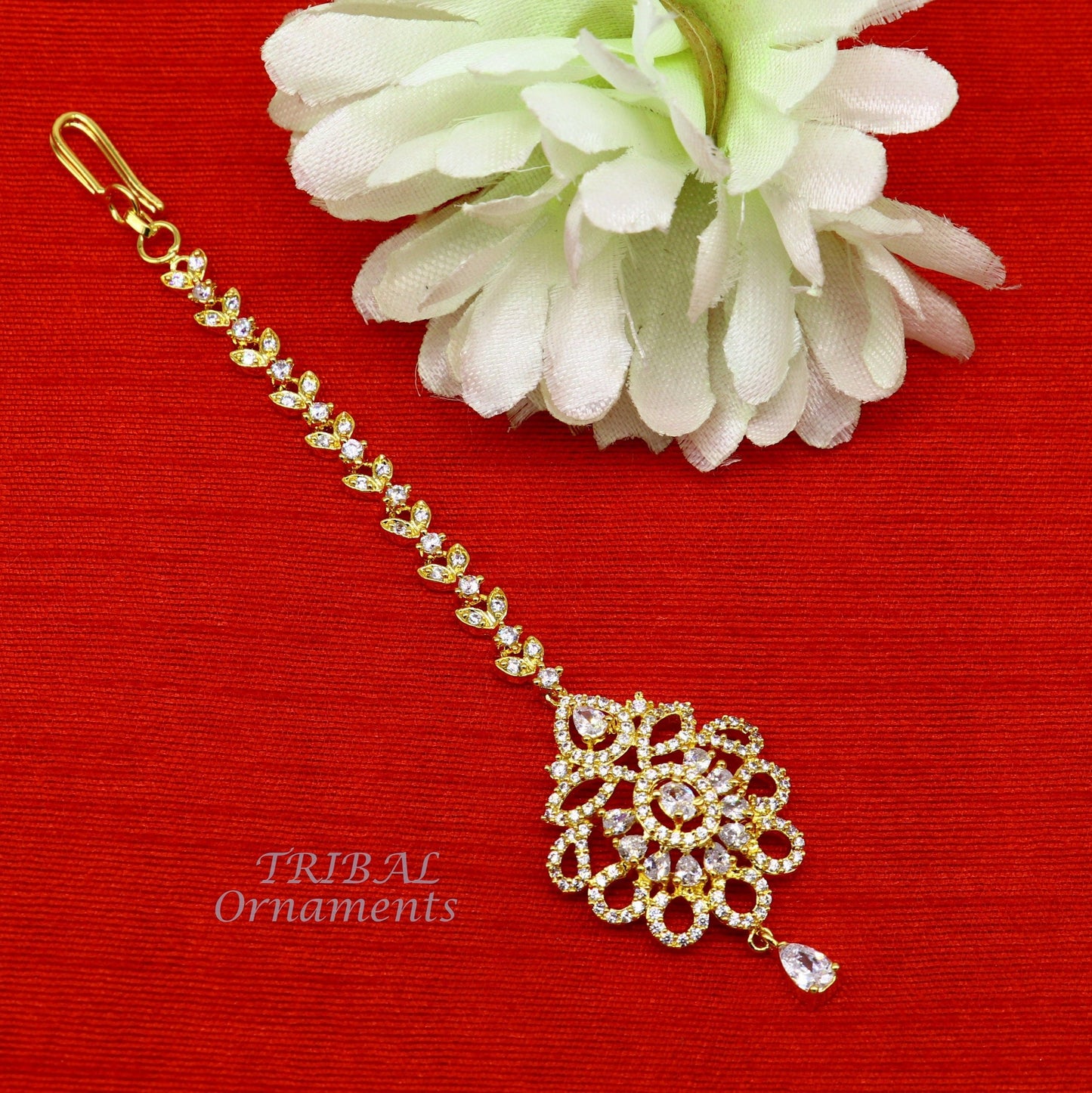 925 sterling silver customized gold tone cubic zircon stone head jewelry mang tika, bridal wedding set, belly dance charm hair jewelry MT02 - TRIBAL ORNAMENTS