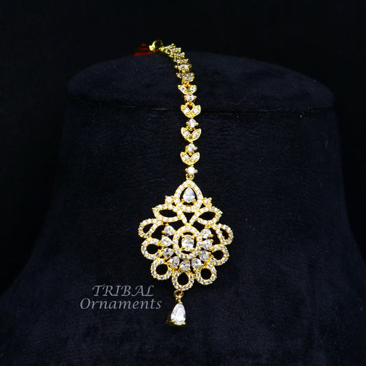925 sterling silver customized gold tone cubic zircon stone head jewelry mang tika, bridal wedding set, belly dance charm hair jewelry MT02 - TRIBAL ORNAMENTS