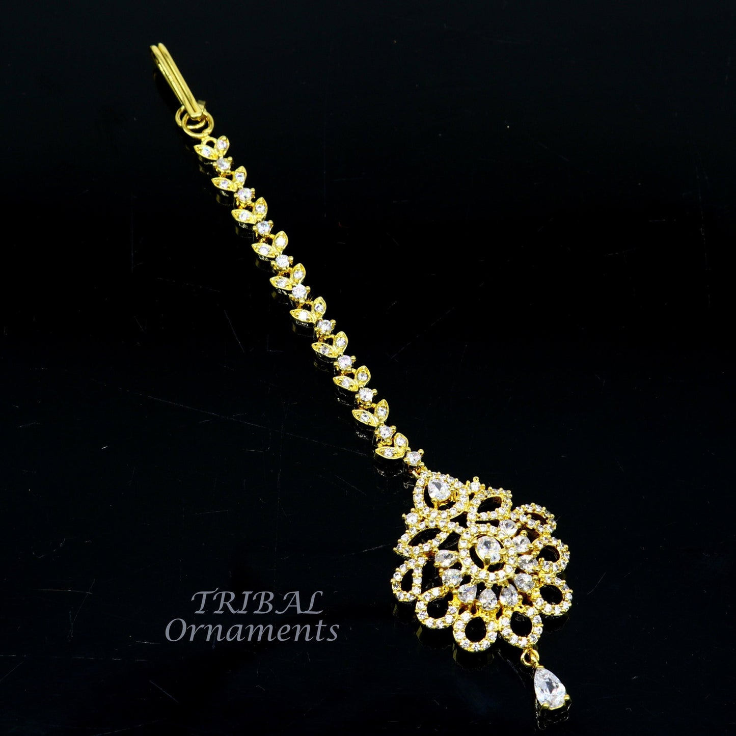 925 sterling silver customized gold tone cubic zircon stone head jewelry mang tika, bridal wedding set, belly dance charm hair jewelry MT02 - TRIBAL ORNAMENTS
