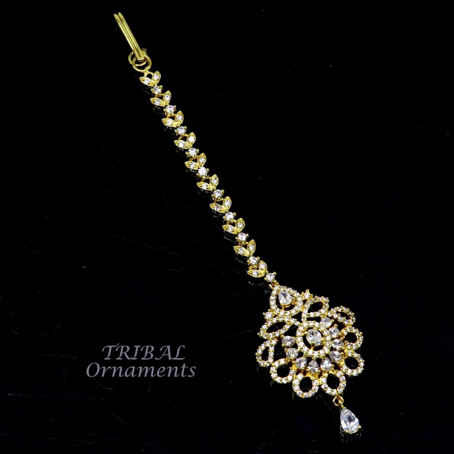 925 sterling silver customized gold tone cubic zircon stone head jewelry mang tika, bridal wedding set, belly dance charm hair jewelry MT02 - TRIBAL ORNAMENTS