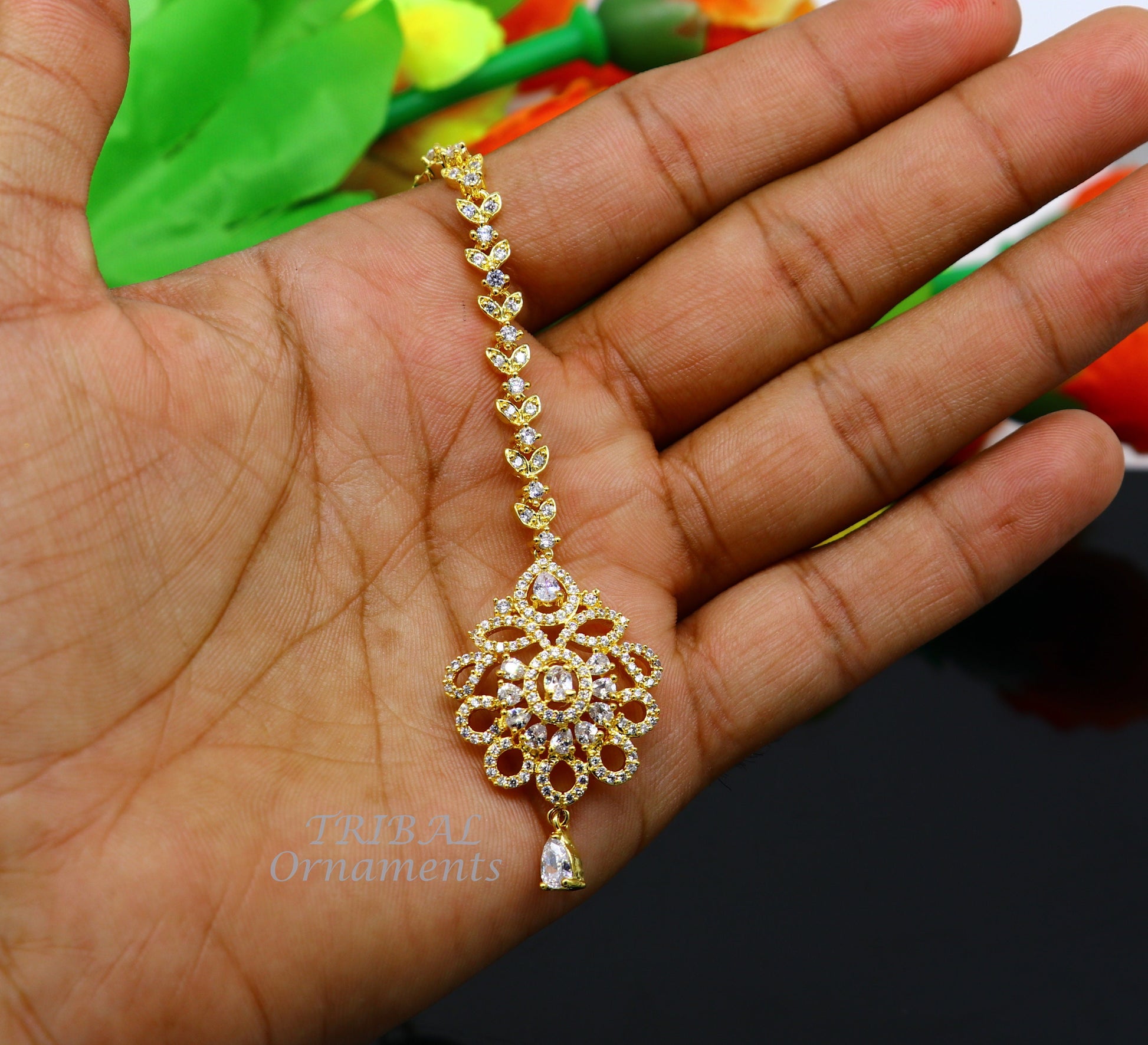 925 sterling silver customized gold tone cubic zircon stone head jewelry mang tika, bridal wedding set, belly dance charm hair jewelry MT02 - TRIBAL ORNAMENTS