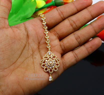 925 sterling silver customized gold tone cubic zircon stone head jewelry mang tika, bridal wedding set, belly dance charm hair jewelry MT02 - TRIBAL ORNAMENTS