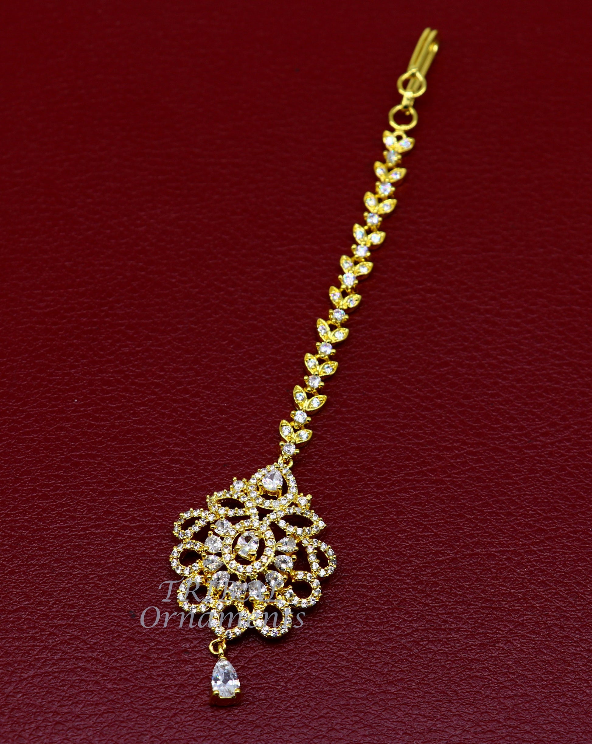 925 sterling silver customized gold tone cubic zircon stone head jewelry mang tika, bridal wedding set, belly dance charm hair jewelry MT02 - TRIBAL ORNAMENTS