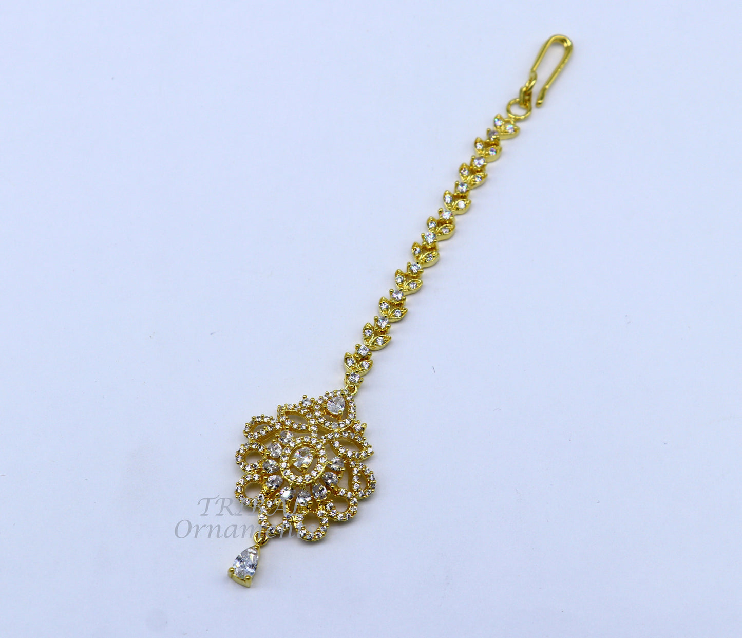 925 sterling silver customized gold tone cubic zircon stone head jewelry mang tika, bridal wedding set, belly dance charm hair jewelry MT02 - TRIBAL ORNAMENTS