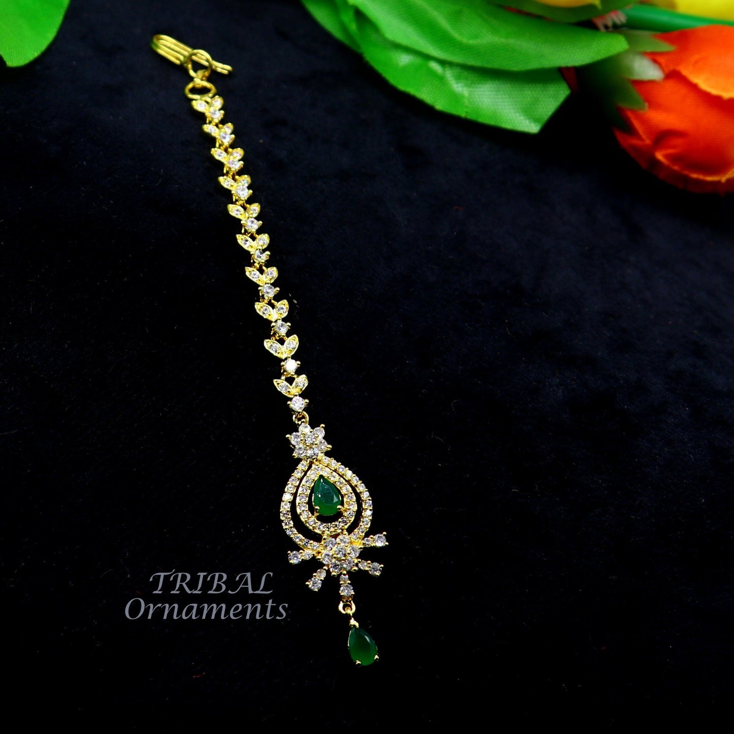 925 sterling silver customized gold tone cubic zircon stone head jewelry mang tika, bridal wedding set, belly dance charm hair jewelry MT03 - TRIBAL ORNAMENTS