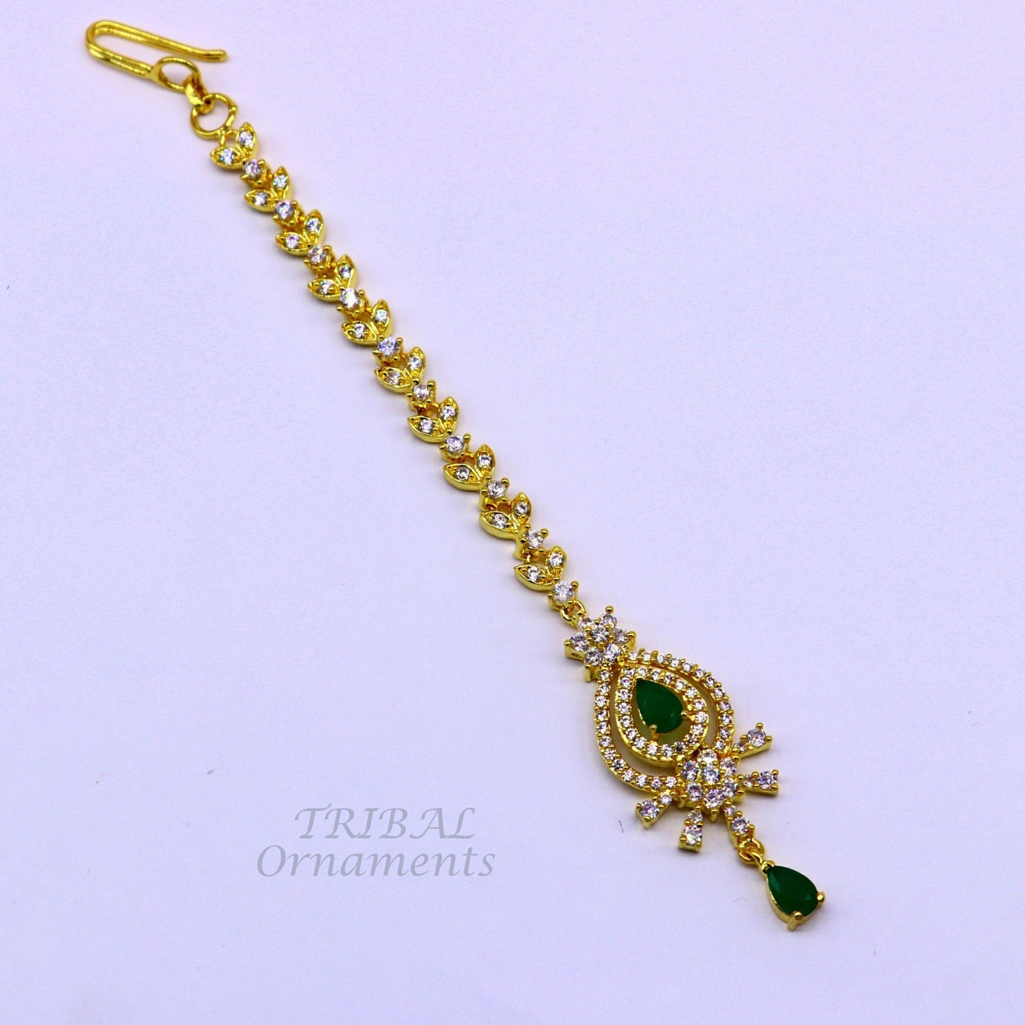 925 sterling silver customized gold tone cubic zircon stone head jewelry mang tika, bridal wedding set, belly dance charm hair jewelry MT03 - TRIBAL ORNAMENTS