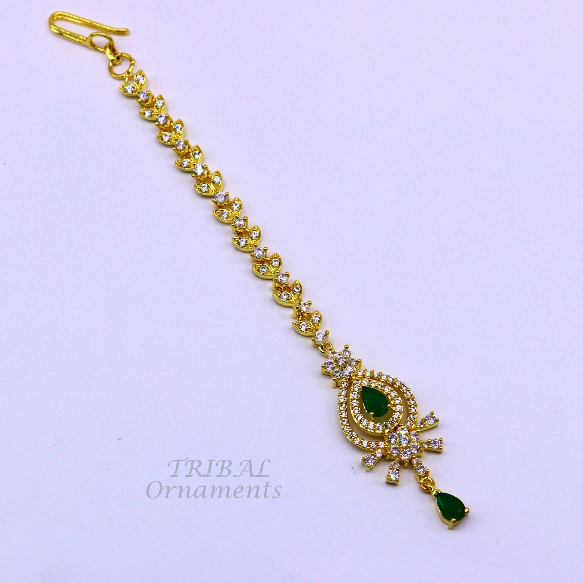 925 sterling silver customized gold tone cubic zircon stone head jewelry mang tika, bridal wedding set, belly dance charm hair jewelry MT03 - TRIBAL ORNAMENTS