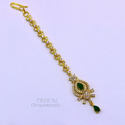 925 sterling silver customized gold tone cubic zircon stone head jewelry mang tika, bridal wedding set, belly dance charm hair jewelry MT03 - TRIBAL ORNAMENTS