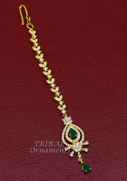 925 sterling silver customized gold tone cubic zircon stone head jewelry mang tika, bridal wedding set, belly dance charm hair jewelry MT03 - TRIBAL ORNAMENTS