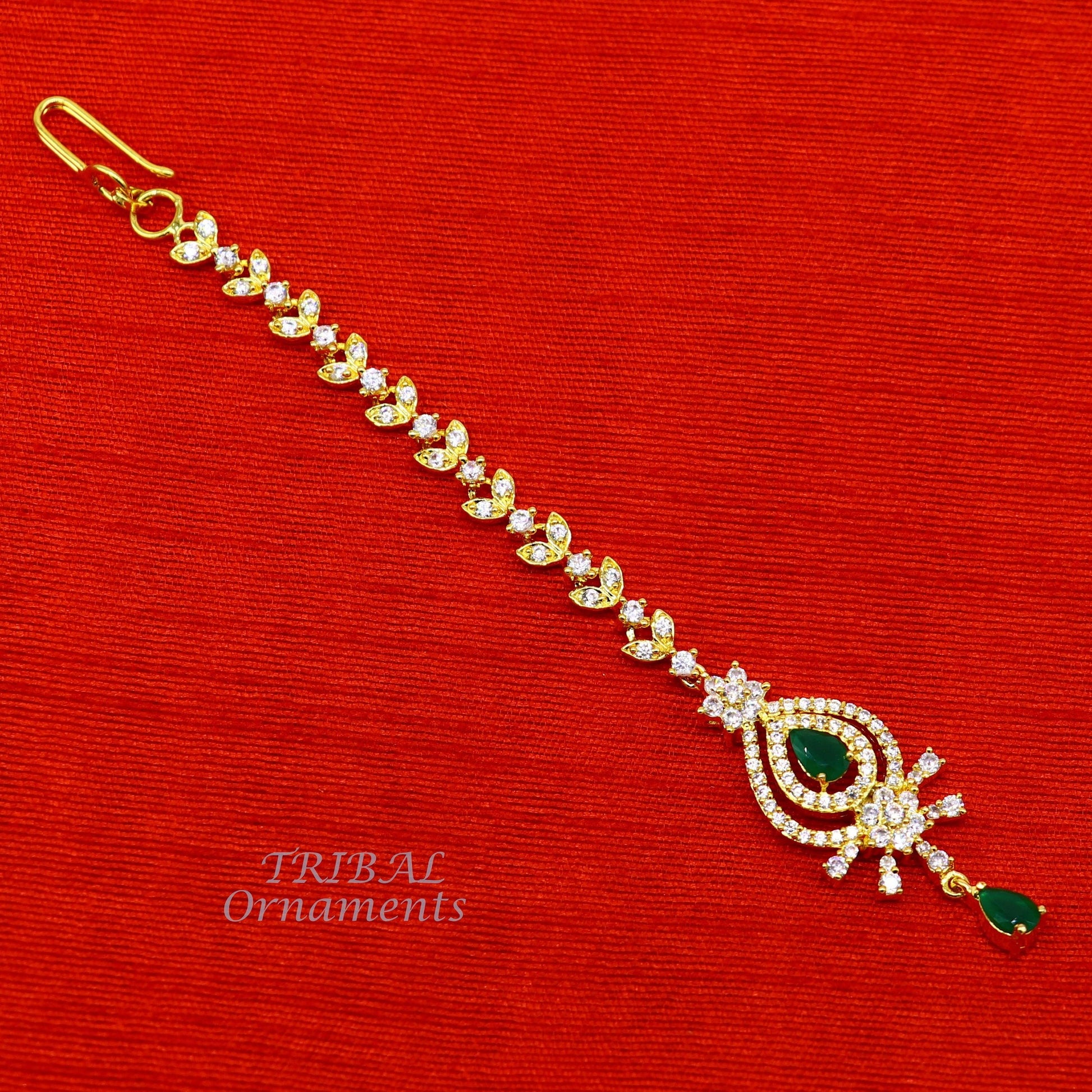 925 sterling silver customized gold tone cubic zircon stone head jewelry mang tika, bridal wedding set, belly dance charm hair jewelry MT03 - TRIBAL ORNAMENTS