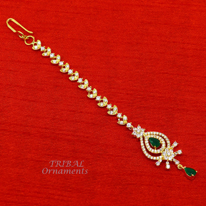 925 sterling silver customized gold tone cubic zircon stone head jewelry mang tika, bridal wedding set, belly dance charm hair jewelry MT03 - TRIBAL ORNAMENTS