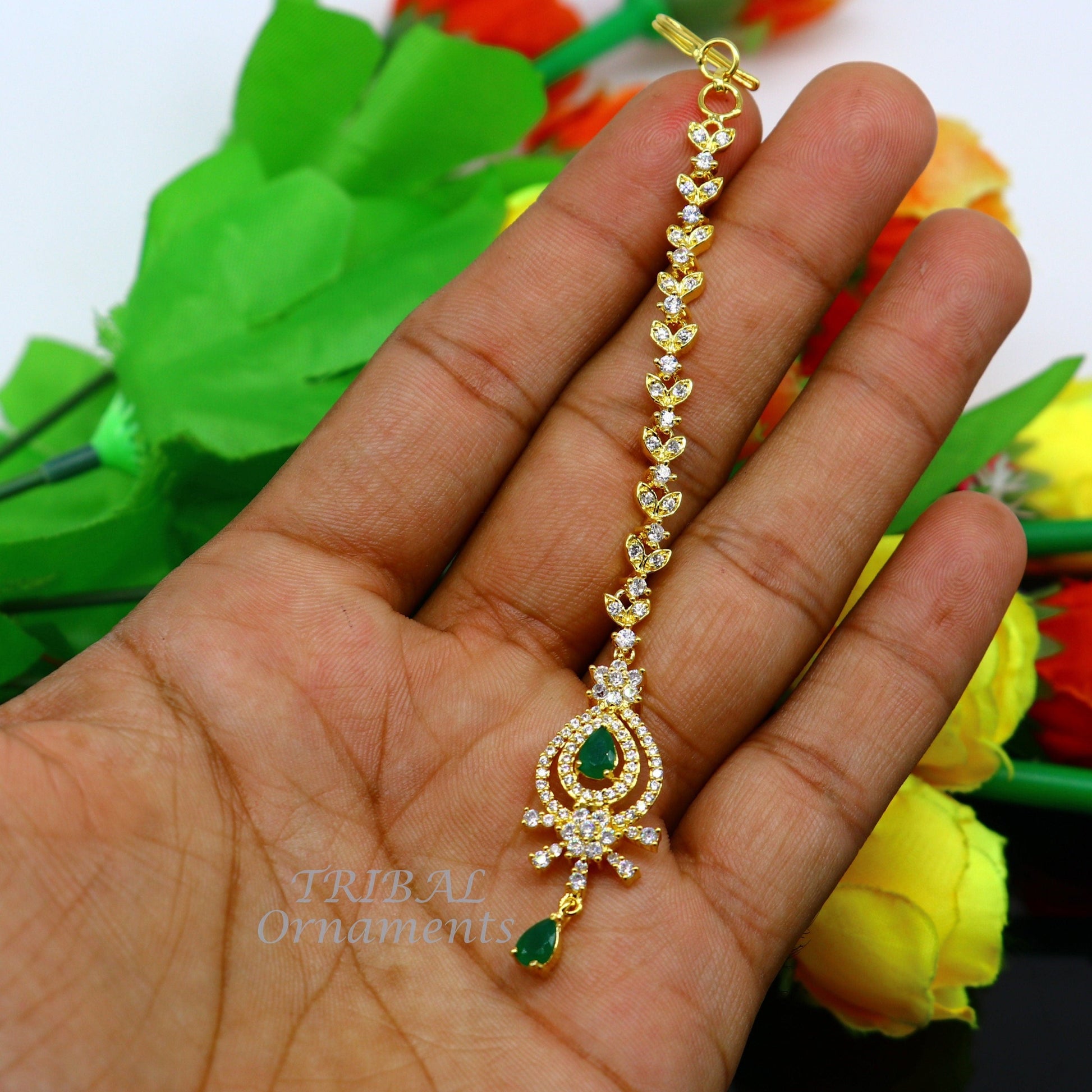 925 sterling silver customized gold tone cubic zircon stone head jewelry mang tika, bridal wedding set, belly dance charm hair jewelry MT03 - TRIBAL ORNAMENTS