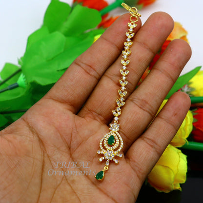 925 sterling silver customized gold tone cubic zircon stone head jewelry mang tika, bridal wedding set, belly dance charm hair jewelry MT03 - TRIBAL ORNAMENTS