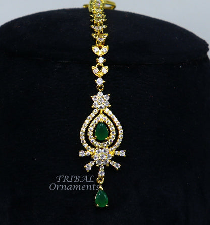 925 sterling silver customized gold tone cubic zircon stone head jewelry mang tika, bridal wedding set, belly dance charm hair jewelry MT03 - TRIBAL ORNAMENTS