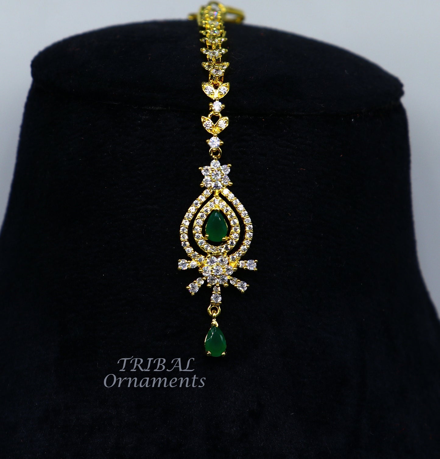 925 sterling silver customized gold tone cubic zircon stone head jewelry mang tika, bridal wedding set, belly dance charm hair jewelry MT03 - TRIBAL ORNAMENTS