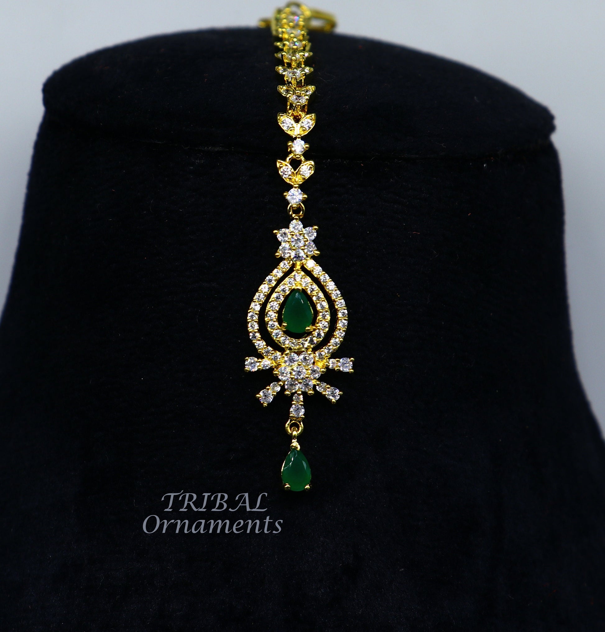 925 sterling silver customized gold tone cubic zircon stone head jewelry mang tika, bridal wedding set, belly dance charm hair jewelry MT03 - TRIBAL ORNAMENTS